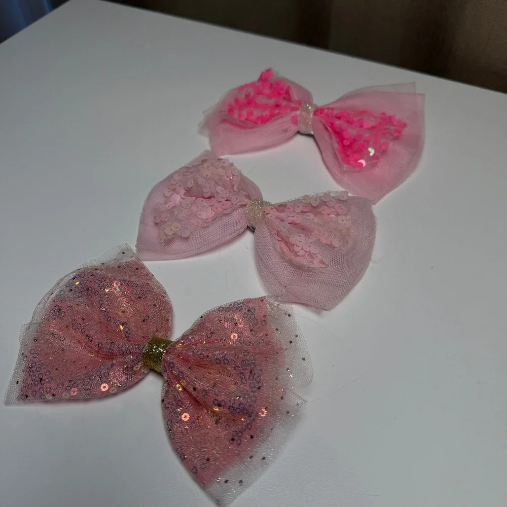 Kids Pink Sequin‎ Tulle Bow Hair Clips Set 3 Sparkly hair Accessories Girls